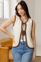 White Horizontal Ribbed Knit Contrast Trim Ties Front Sweater Vest