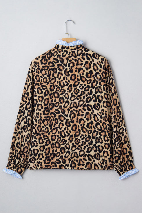 Brown Wild Leopard Print Contrast Striped Frilled Trim Chic Shirt