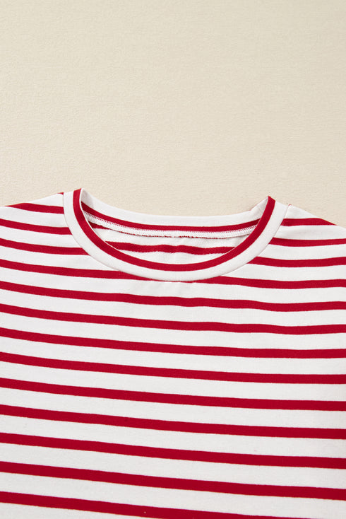 Red Stripe Round Neck Ruffle Trim Long Sleeve Top
