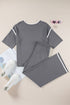 Medium Grey Contrast Trim Half Sleeve Top Drawstring Pants Loose 2pcs Sweater Suit