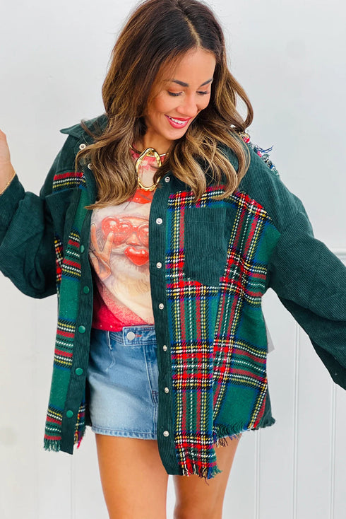 Green Plaid Tweed Corduroy Patchwork Snap Button Raw Hem Shacket