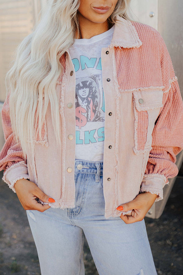 Delicacy Frayed Trim Textured Color Block Patchwork Raw Hem Jacket