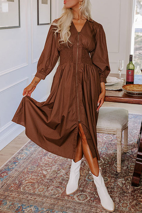 Chestnut Smocked Waist Zipped Front Bracelet Sleeve Fit Flare Midi Dress