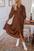 Chestnut Smocked Waist Zipped Front Bracelet Sleeve Fit Flare Midi Dress