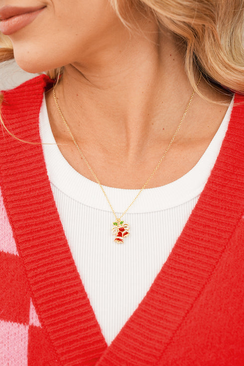 Gold Plated Chain Holly Rhinestone Jingle Bell Necklace