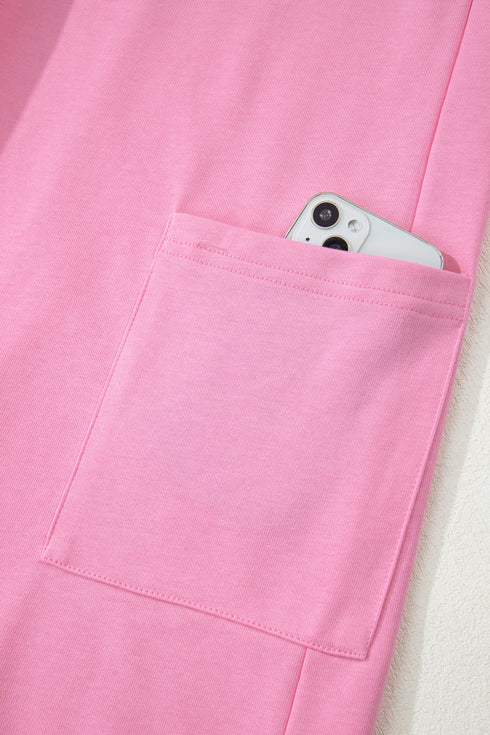 Pink Solid Color Raw Edge Half Sleeve Pocketed Loose Romper
