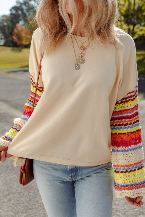 Beige Round Neck Colorful Knit Sleeve Patchwork Top