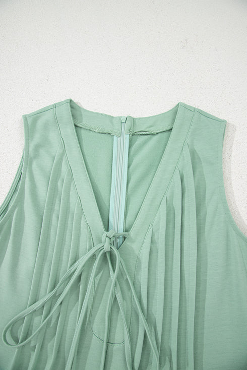 Smoke Green Tie V Neck Pintuck Sleeveless Loose Romper