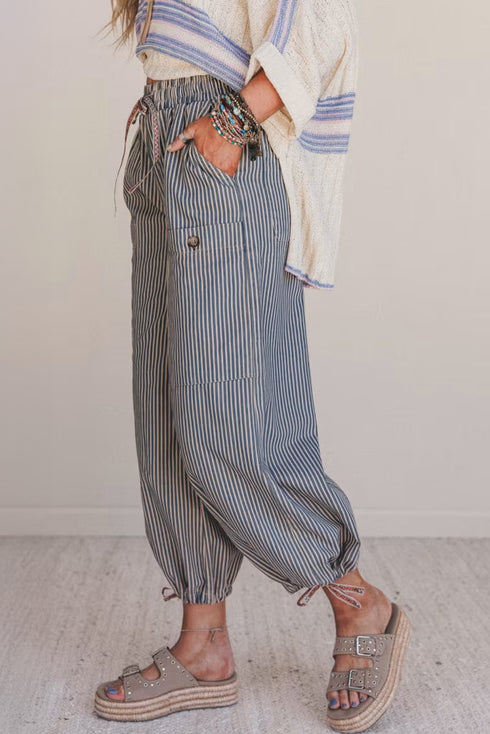Blue Stripe Button Patch Pocket Drawstring Elastic Waist Loose Pants