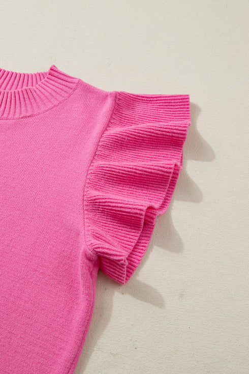 Sachet Pink Solid Color Ribbed Trim Round Neck Ruffle Short Sleeve Sweater