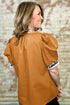 Buckskin Contrast Leopard Trim Split Neck Puff Sleeve Blouse