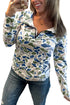 Blue Camouflage Print Kangaroo Pocket Zip Collar Pullover Sweatshirt