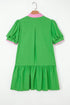 Bright Green Color Block Detail Split Neck Short Puff Sleeve Ruffle Hem Mini Dress