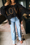 Black Oversize Leopard LOVE Patched Graphic Round Neck Casual Sweatshirt