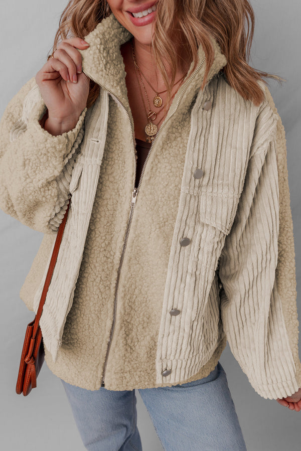 Parchment Zip Up Stand Collar Corduroy Sherpa Patchwork Jacket