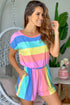Multicolor Striped Print High Waist Short Sleeve Romper with Pockets