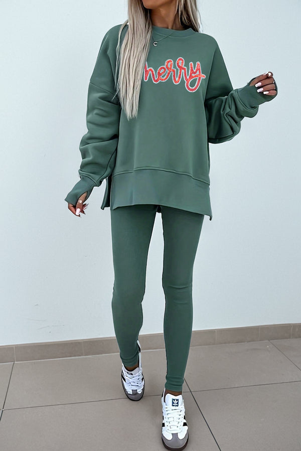 Green Bay Sequin Merry Letter Graphic Sweatshirt and Leggings 2pcs Outfit
