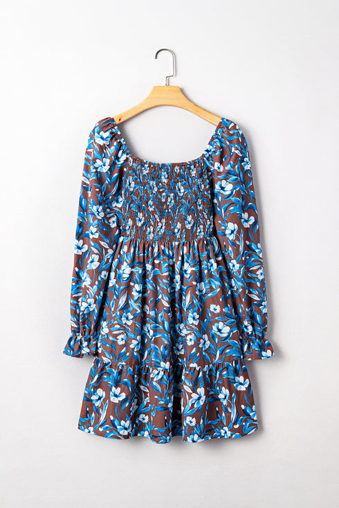 Blue Smocked Bodice High Waist Ruffled Sleeve Floral Dress