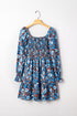 Blue Smocked Bodice High Waist Ruffled Sleeve Floral Dress