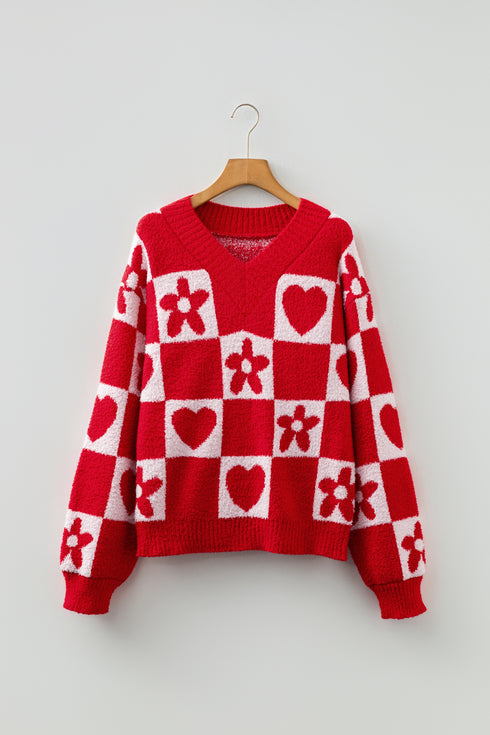 Fiery Red V Neck Flower Heart Detail Checkered Knit Loose Sweater