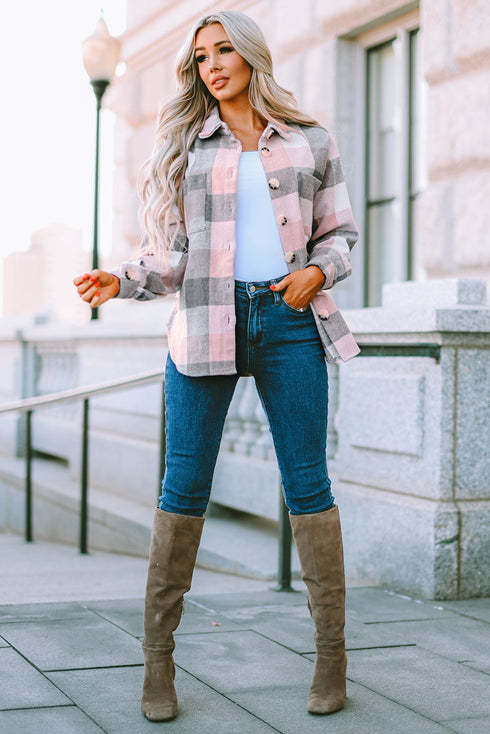 Pink Gray Plaid Color Block Buttoned Long Sleeve Jacket with Pocket
