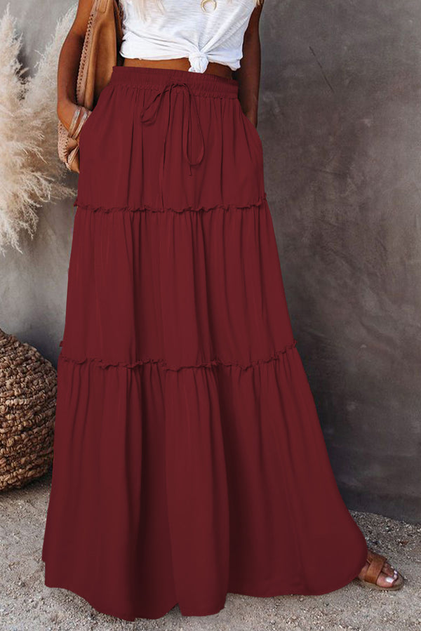 Fiery Red Black Frill Tiered Drawstring Waist Maxi Skirt