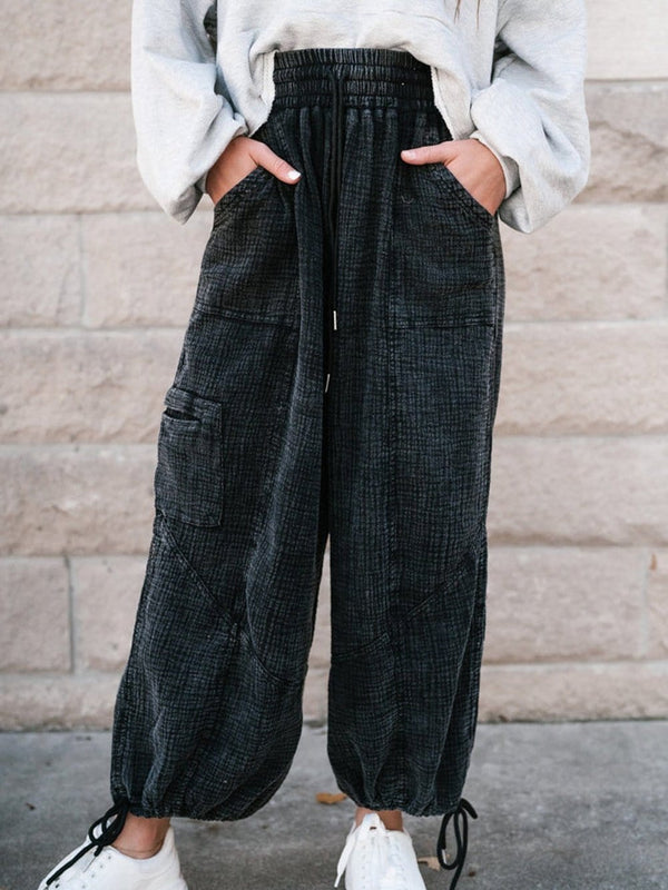 Edgy Black Mineral Wash Textured Wide Leg Drawstring Trousers