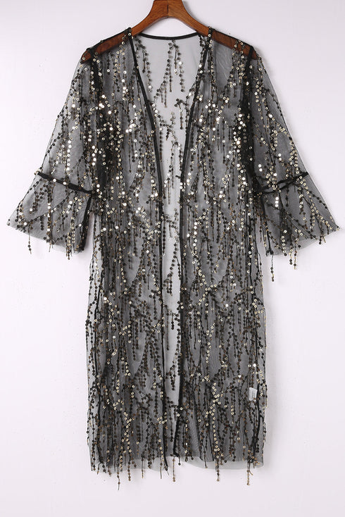 black-sequin-sheer-long-sleeve-open-front-kimono