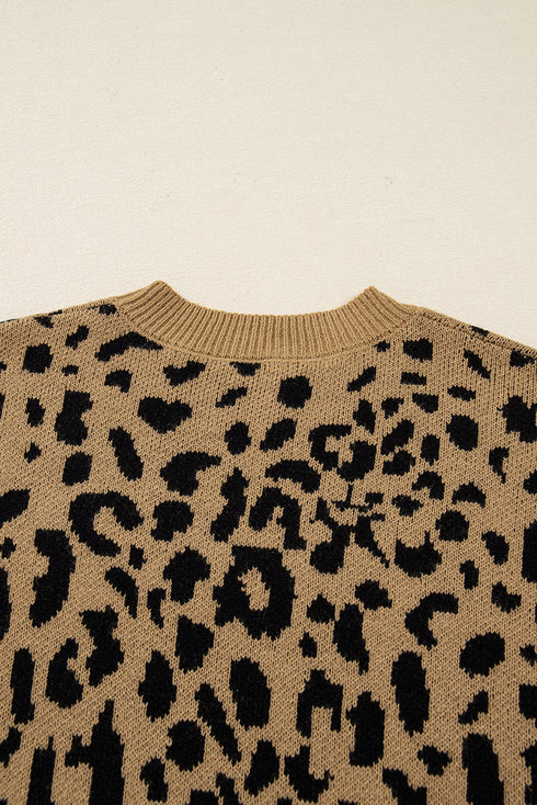 Light French Beige Ribbed Trim Round Neck Leopard Drop Shoulder Sweater