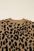 Light French Beige Ribbed Trim Round Neck Leopard Drop Shoulder Sweater