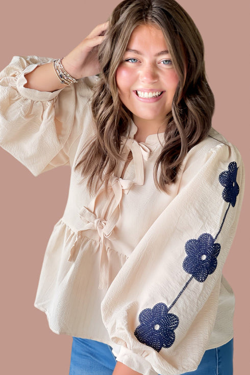 Apricot Contrast Flower Embroidered Puff Sleeve Bow Tie Front Plus Size Babydoll Blouse