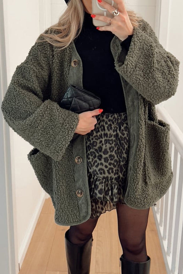 Four Leaf Clover Puffy Plush Corduroy Edge Patchwork Jacket with Big Pockets