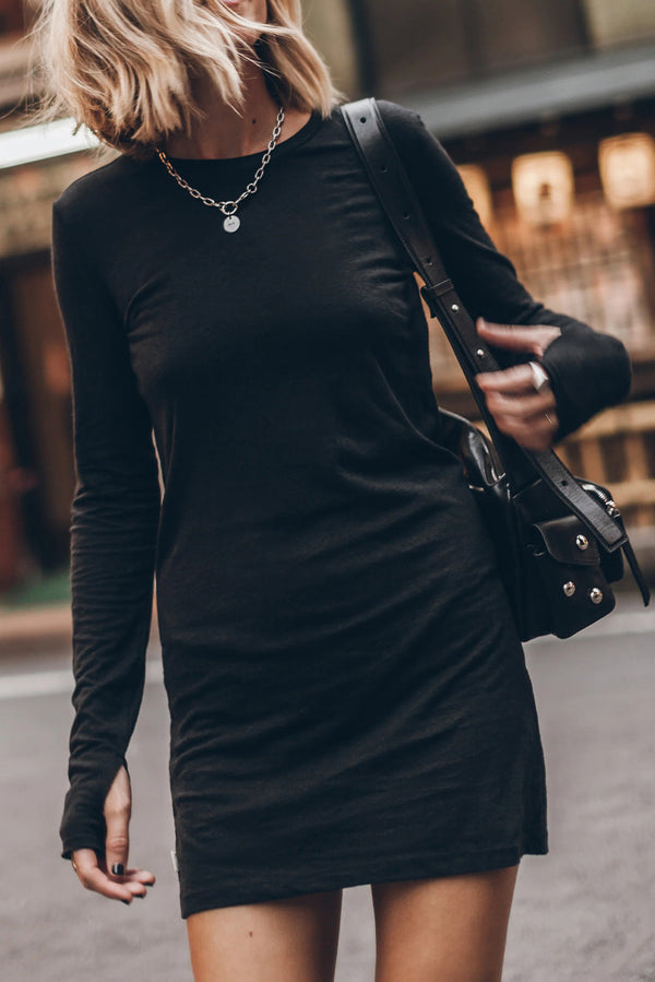 Black Solid Color Round Neck Thumbhole Sleeve Mini T Shirt Dress