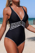 Black Stylish Trim V Neck Adjustable Strap One Piece Swimsuit