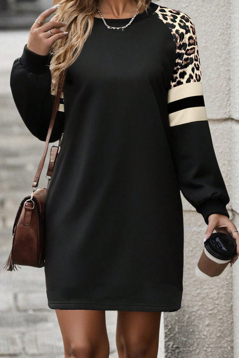 Black Leopard Print Patchwork Varsity Raglan Sleeve Sweatshirt Dress