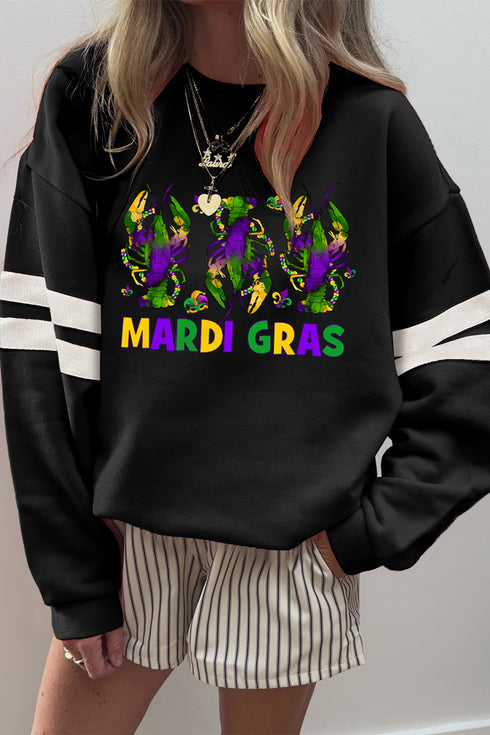 Black MARDI GRAS Crayfish Printed Varsity Striped Drop Shoulder Sweatshirt