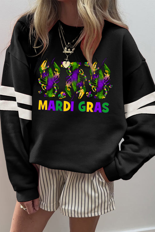 Black MARDI GRAS Crayfish Printed Varsity Striped Drop Shoulder Sweatshirt