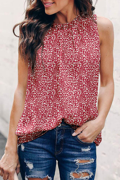 Fiery Red Leopard Print Ruffled Neck Tank Top