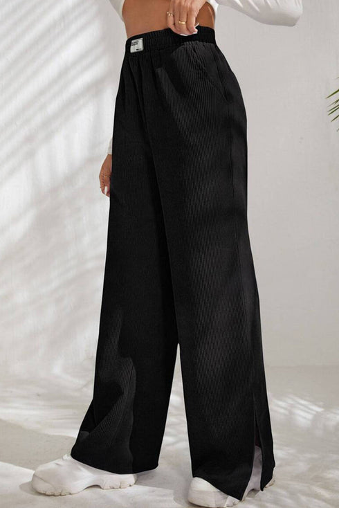 Black Solid Color Split Hem Wide Leg Corduroy Pants