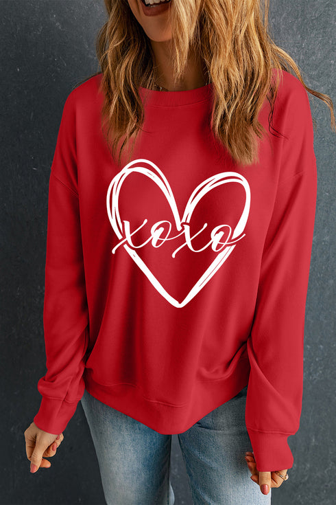 Red xoxo Valentines Heart Sketch Printed Pullover Sweatshirt