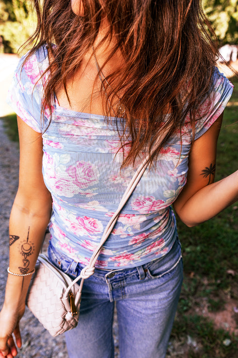 Sky Blue Square Neck Cap Sleeve Ruched Floral Mesh Top