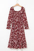 Red Floral Print Long Sleeve Square Neck Smocked Maxi Dress