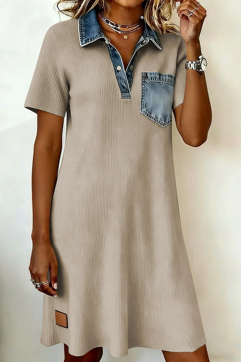 Beige Short Sleeve Ribbed Knit Denim Patchwork Polo Collar Dress