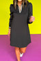 Black Striped Trim V Neck Collared Long Sleeve Shift Mini Dress