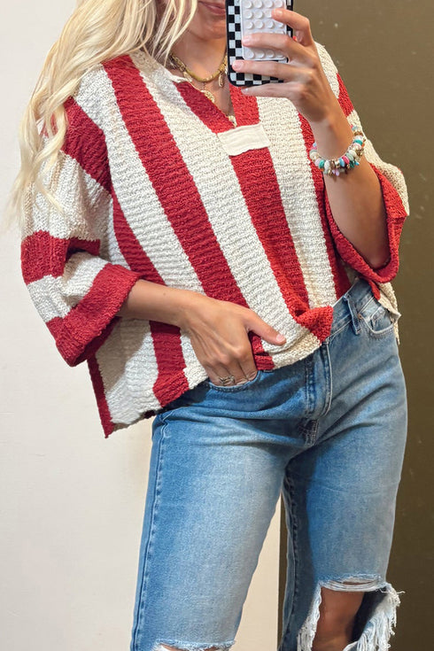 Red Stripe Colorblock V Neck Bracelet Sleeve Sweater
