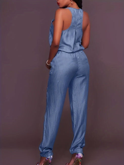 Elastic Waistband Bloomer-Style Zip-Front Sleeveless Denim Jumpsuit
