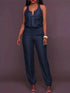 Elastic Waistband Bloomer-Style Zip-Front Sleeveless Denim Jumpsuit
