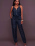 Elastic Waistband Bloomer-Style Zip-Front Sleeveless Denim Jumpsuit