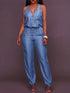 Elastic Waistband Bloomer-Style Zip-Front Sleeveless Denim Jumpsuit