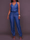 Elastic Waistband Bloomer-Style Zip-Front Sleeveless Denim Jumpsuit